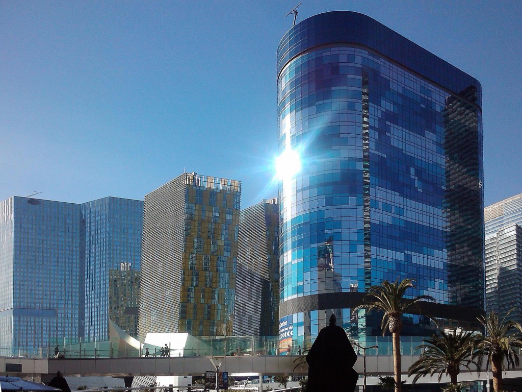 The mirrored facade of the Harmon Hotel, that would never be used as a hotel. Photo: Mike Russel via Wikimedia