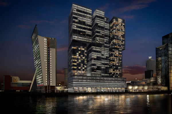 De Rotterdam by night. Rendering by OMA